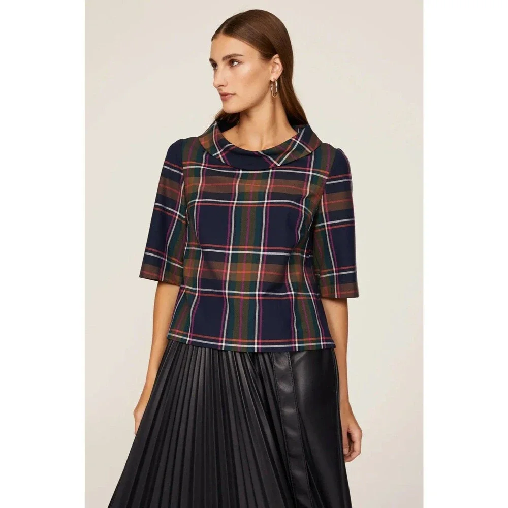 Trina Turk Kailee Plaid Roll Neck Boxy Top Size Large Women’s Classic Workwear - Picture 2 of 11
